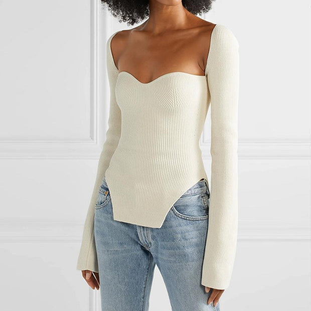 Spring And Summer Fashion Women Clothes Cashmere Sqaure Collar Full Sleeves Elastic High Waist Sexy Pullover Dropshipping